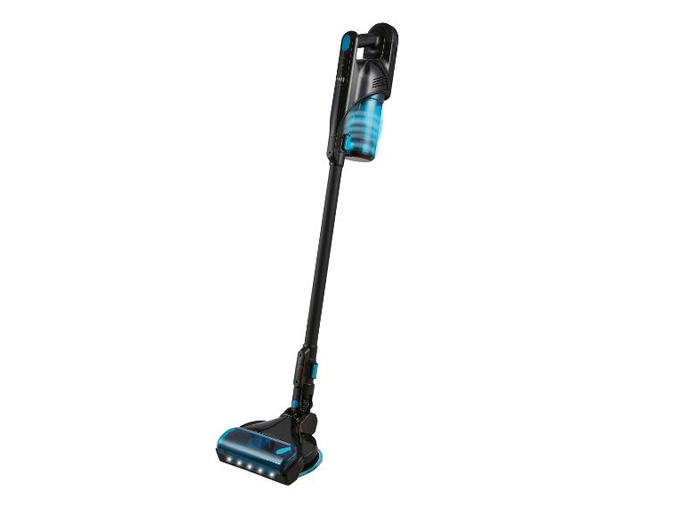 Ein schwarzer und blauer Staubsauger mit langem Stiel.
