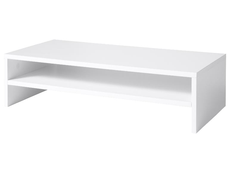 Moderner weißer TV-Schrank mit zwei Ablagen.