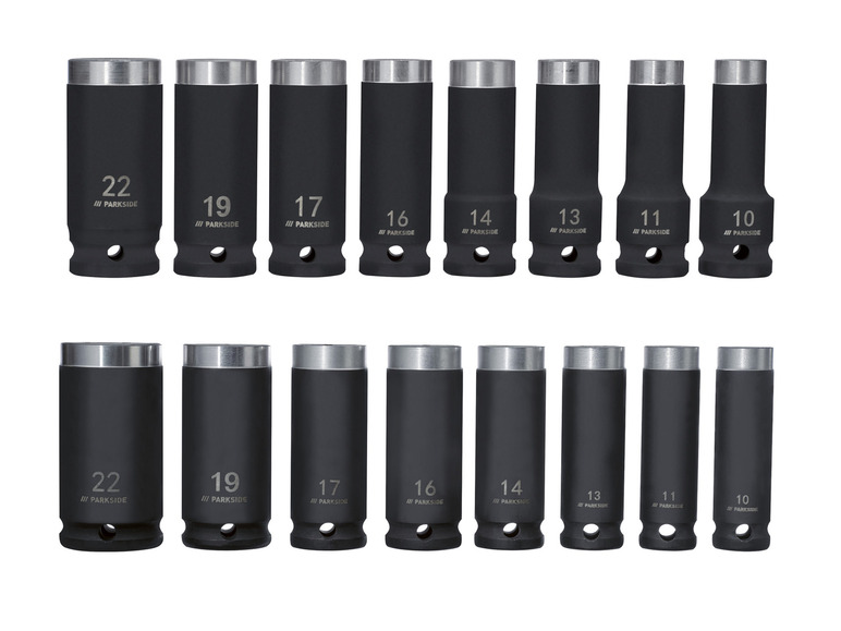 Ein Satz von 10 Parkside-Steckschlüsseln, die in der Größe von 10 bis 22 mm variieren.