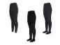 Drei Paar schwarze Strumpfhosen und Leggings, darunter eine mit Hahnentrittmuster.