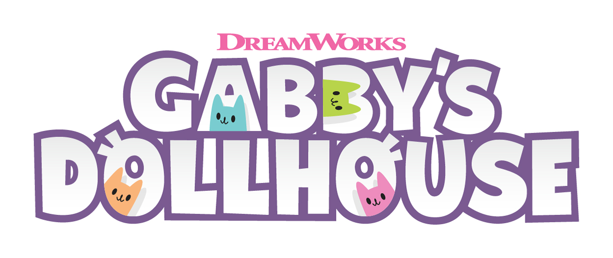 Gabby's Dollhouse-Logo mit Katzengesichtern in einigen Buchstaben.