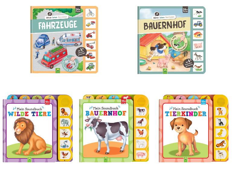 Kinder-Soundbücher mit Fahrzeugen, Bauernhof und Tieren.