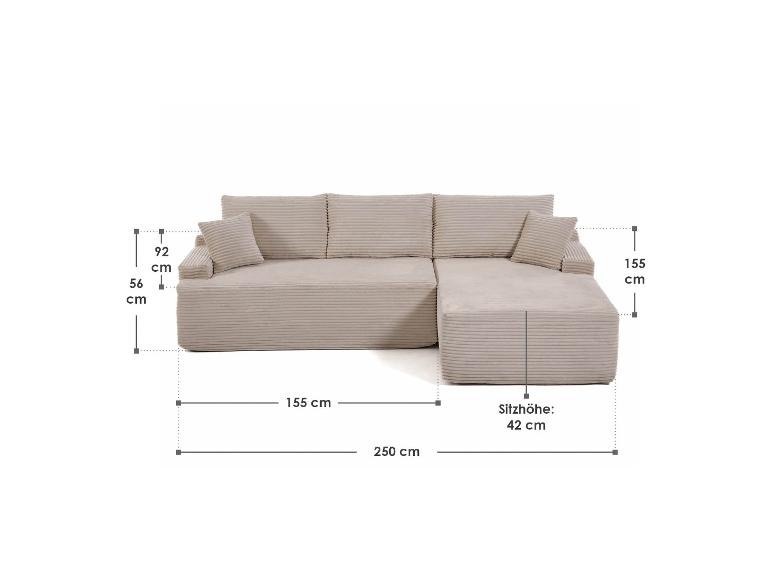 Beiges Modulsofa mit Chaiselongue und Kissen, Maße 250x155 cm, Sitzhöhe 42 cm.