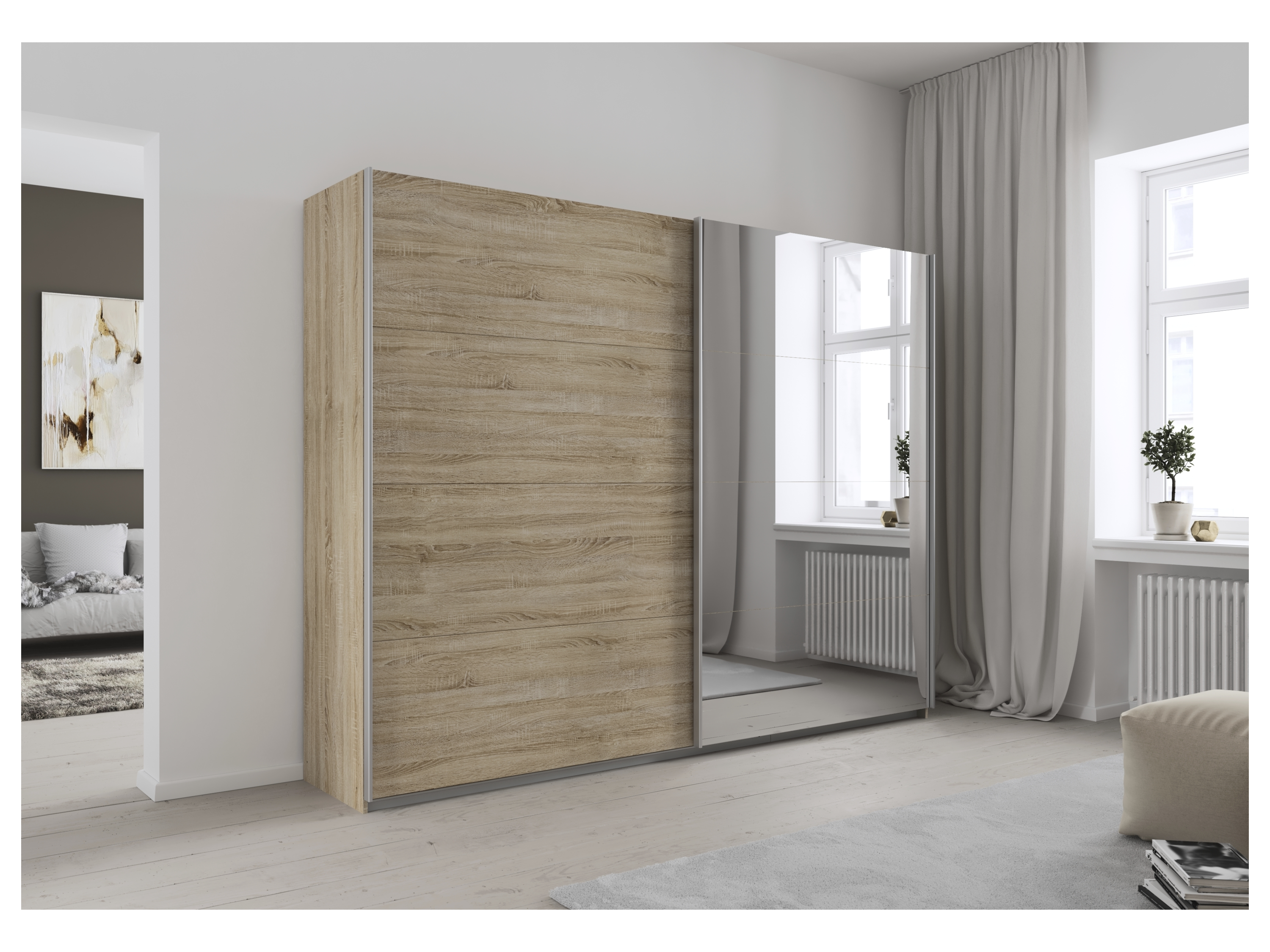 RAUCH ORANGE Quadra Schwebetürenschrank mit Spiegelelementen (Classic-Zubehör, Korpus: Eiche, 271 x 210 cm) – Bild 2 von 4