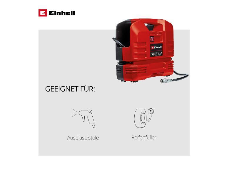 Roter Luftkompressor mit Symbolen für Ausblaspistole und Reifenfüller