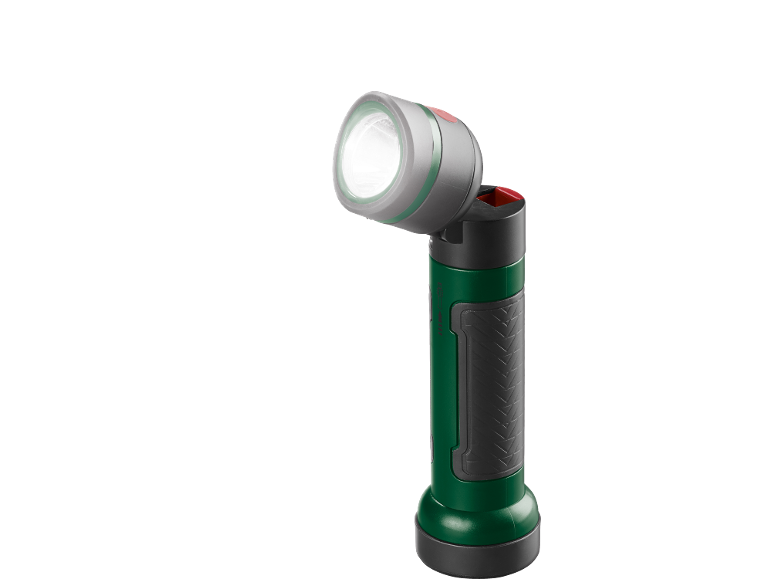Grüne und graue Winkeltaschenlampe mit leuchtendem Licht.
