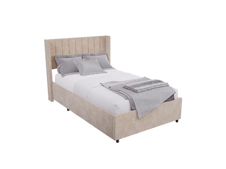 JUSKYS Polsterbett »Savona«: beiges Doppelbett mit grauer Bettwäsche