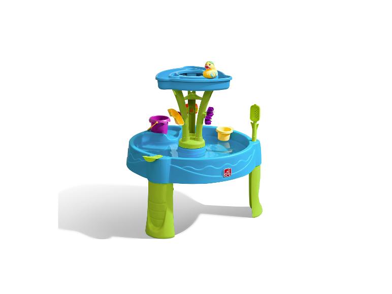 Wasserspieltisch mit mehreren Ebenen, Wasserrad und Spielzeug.