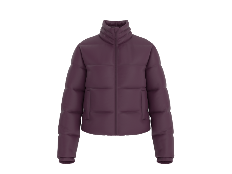 Lila Pufferjacke mit Stehkragen und Reißverschluss.