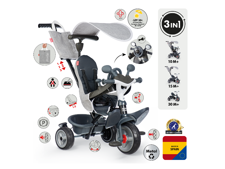 Smoby 3-in-1 Dreirad mit Sonnenschutz: Kinderwagen, Eltern-Kind Dreirad.