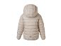 Hellbeige Kinder-Steppjacke mit Kapuze und reflektierender Blume auf dem Rücken.