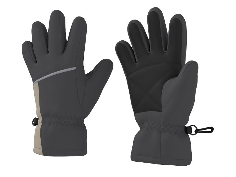 Ein Paar dunkelgraue Handschuhe mit hellbraunen Details und einem Karabiner.