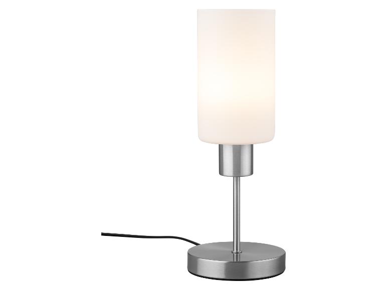 Moderne Tischleuchte aus mattiertem Glas und gebürstetem Metall.