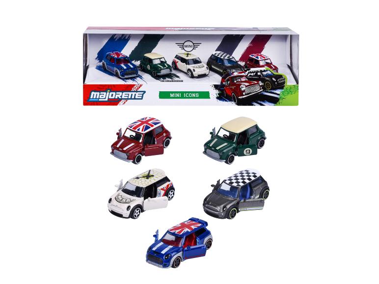 Set Spielzeug-Mini-Autos in einer Box, mit einzelnen Autos darunter abgebildet.