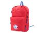 Roter Rucksack mit blauen Akzenten und rundem Logo
