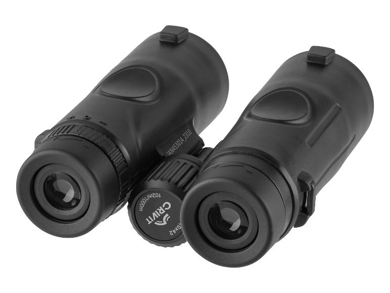 Schwarzes Fernglas mit 10x42 Vergrößerung und 102m/1000m Sehfeld.