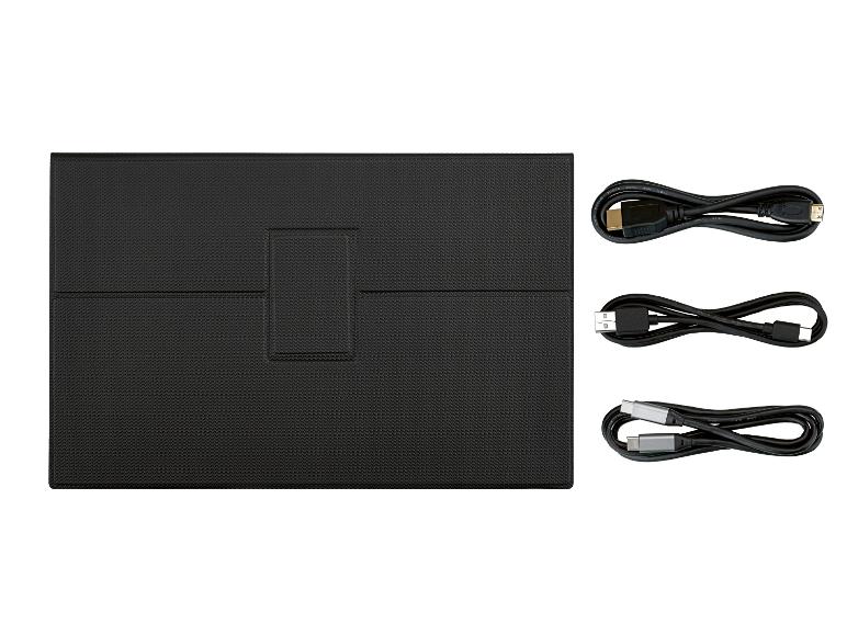 Schwarze strukturierte Hülle mit drei aufgerollten Kabeln: HDMI, USB-A zu USB-C und USB-C zu USB-C.