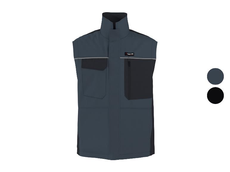 Dunkelblaue Herren-Arbeitsweste mit schwarzen Details und reflektierenden Streifen.