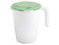 Eine weiße Kanne mit grünem Deckel.