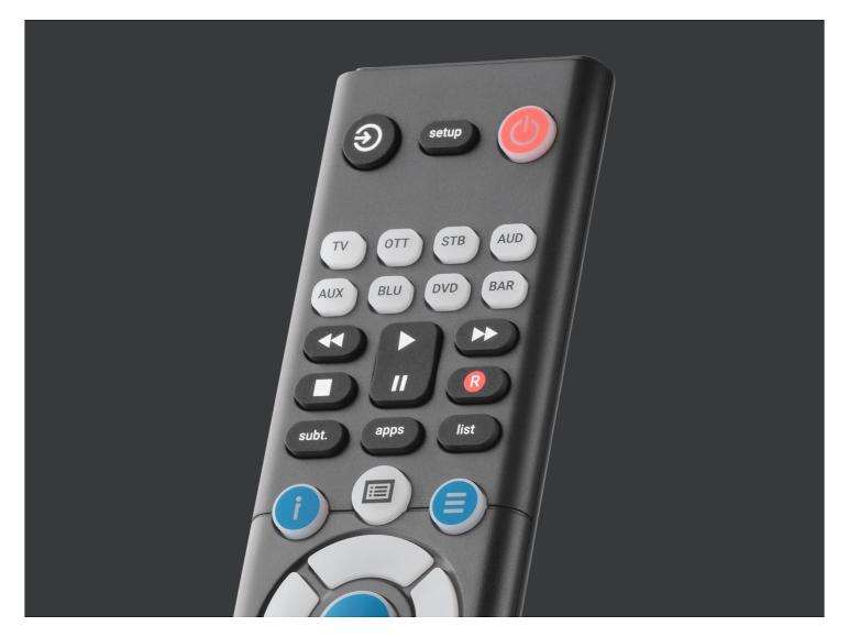 Universalfernbedienung mit Tasten für TV, DVD und andere Geräte.