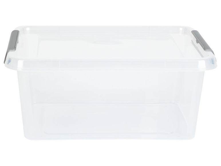 Eine transparente Aufbewahrungsbox mit Griffen.