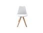 Weißer Design-Stuhl mit Holzbeinen.