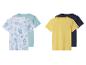 T-Shirt-Sets: tropische Muster und unifarben, gelb und dunkelblau.