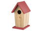 Ein hölzernes Vogelhaus mit rotem Dach.