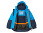 Eine blaue Winterjacke mit Kapuze, aufgeklappt, um das Innere zu zeigen.
