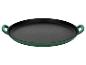 Grüne Gusseisen-Paella-Pfanne mit schwarzer Innenseite.