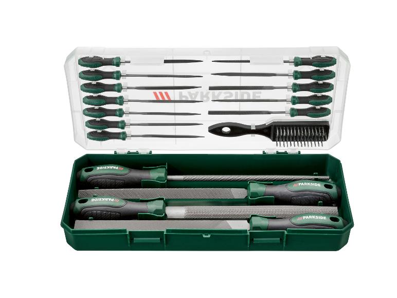 Feilen- und Raspelset mit ergonomischen Griffen im Kunststoffkoffer.