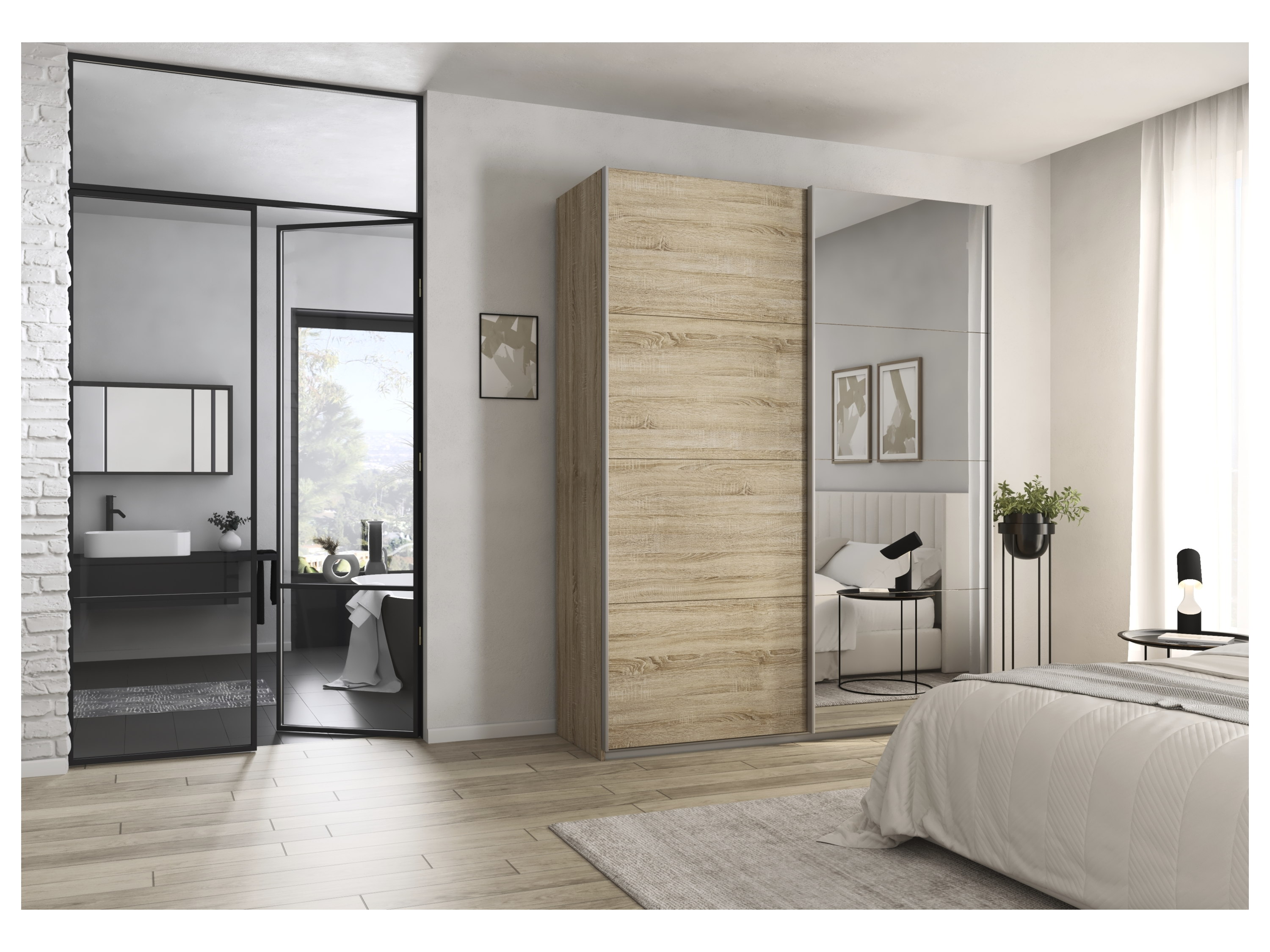RAUCH ORANGE Quadra Schwebetürenschrank mit Spiegelelementen (Premium-Zubehör, Korpus: Eiche, 181 x 230 cm) – Bild 2 von 4
