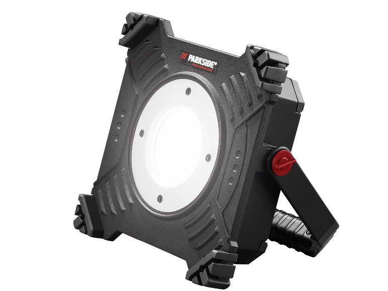 Robuster LED-Baustrahler mit verstellbarem Standfuß und kreisförmiger Lichtquelle