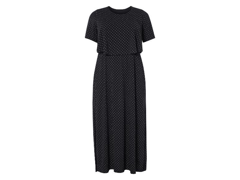 Langes schwarzes Kleid mit weißen Punkten.