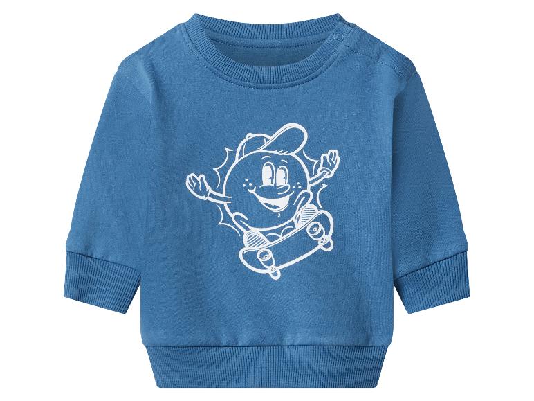 Blaues Baby-Sweatshirt mit weißem Cartoon-Sonnengrafik auf einem Skateboard