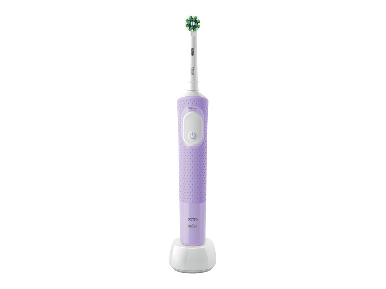 Eine lila elektrische Zahnbürste von Oral-B mit einem Ladegerät.