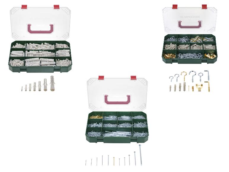 Sets aus Dübeln, Haken und Nägeln in Organizern, mit Details der Einzelteile.