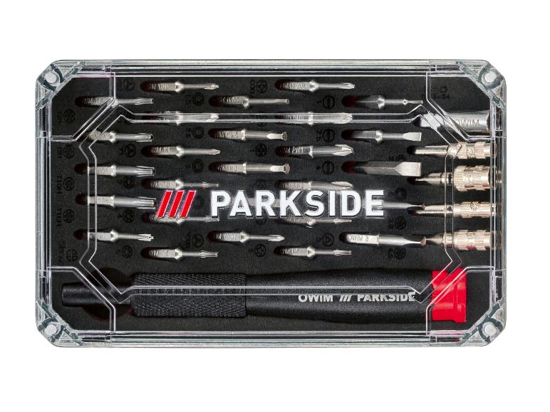 Ein Parkside Präzisionsschraubendreher-Set mit verschiedenen Bits und Griff in einer transparenten Box.