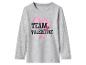 Graues Langarmshirt mit dem Text „TEAM VALENTINE“ und einem rosa Herz.