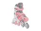 Ein rosa-grauer Rollschuh mit rosa und grauen Rollen.