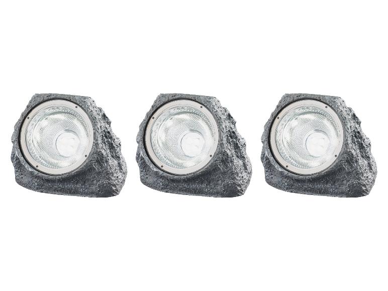 Drei graue Stein-Design Solarleuchten für Außen.