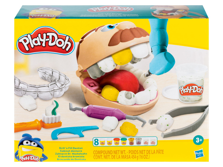 Play-Doh Drill 'n Fill Dentist Spielset mit Zahnarztwerkzeugen und Play-Doh Knete.