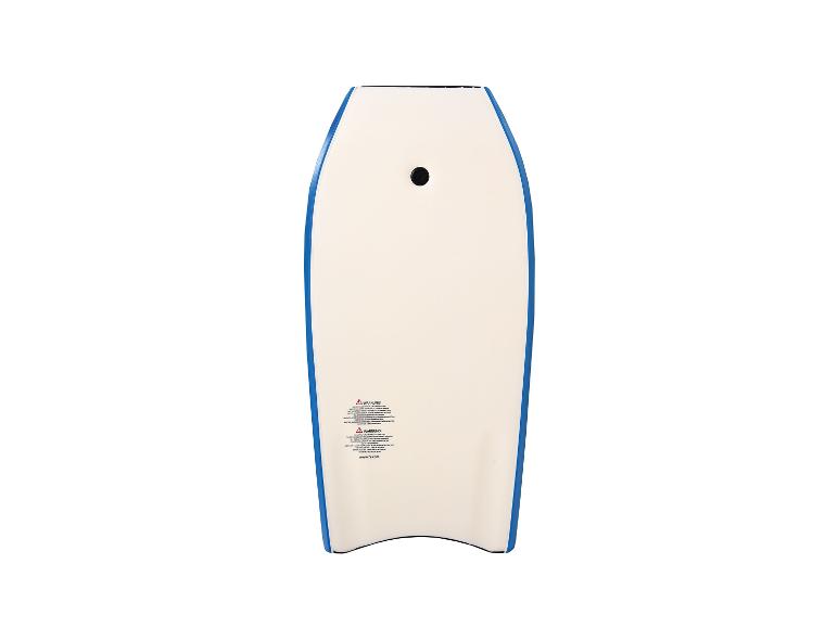 Weiße Bodyboard mit blauen Rändern.