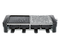 Elektrischer Raclette-Grill mit Stein- und Metallplatte und vier kleinen Pfännchen.