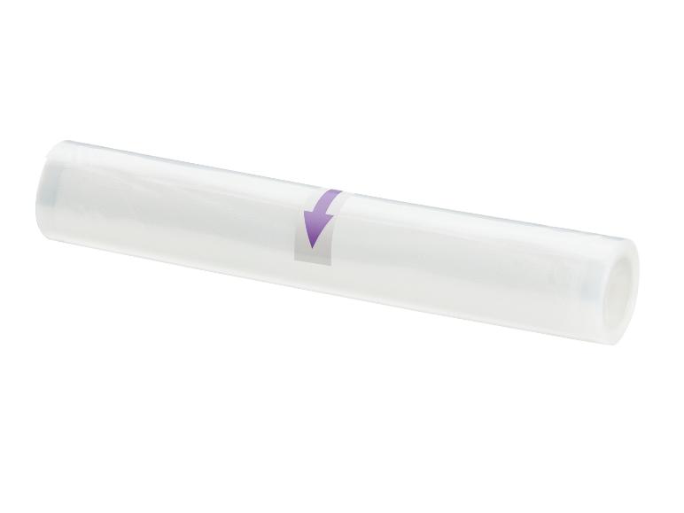 Transparente Vakuumierfolienrolle mit lila Pfeil