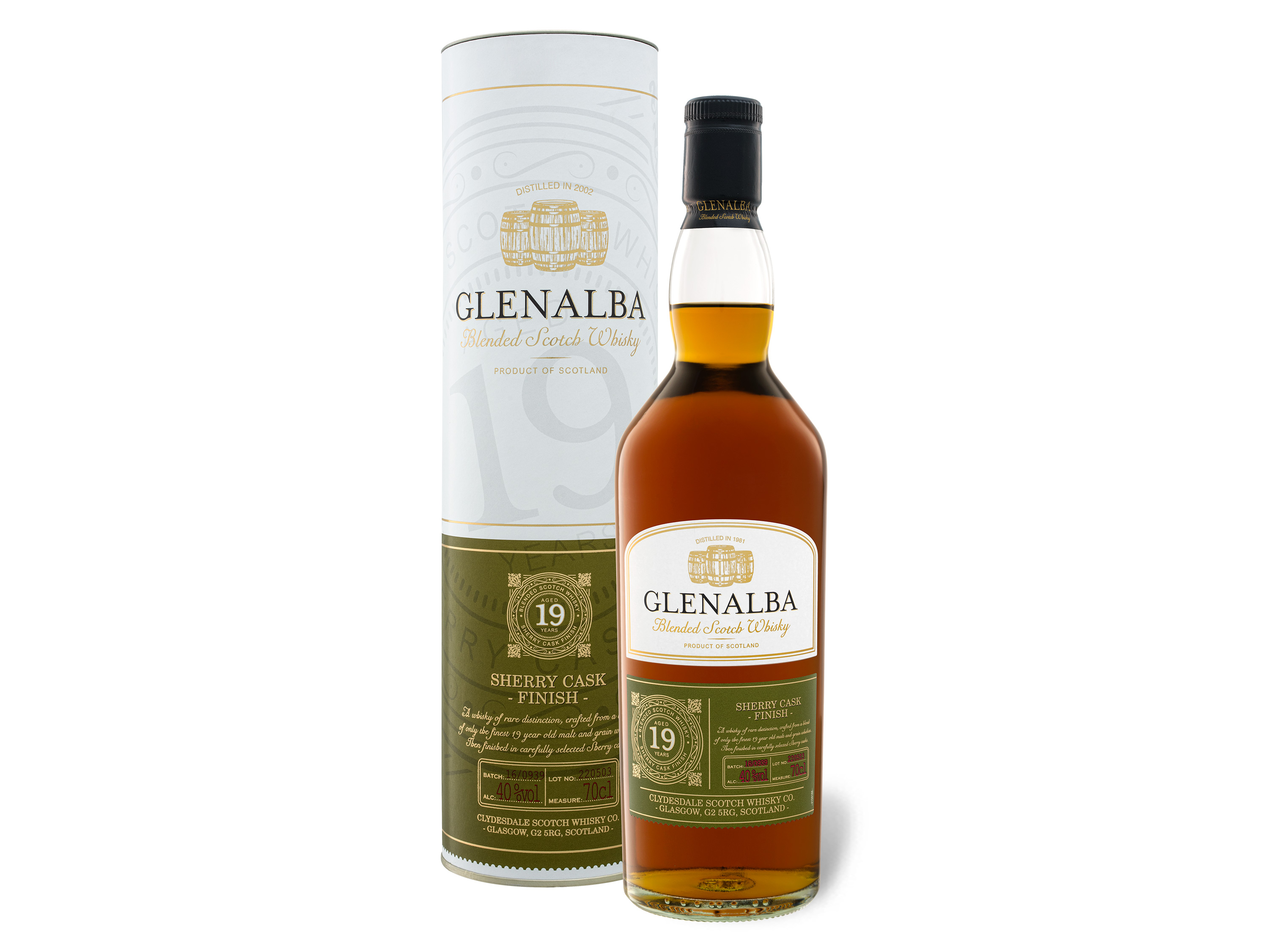 Glenalba Blended Scotch Whisky 19 Jahre Oloroso Sherry Cask Finish mit Geschenkbox 40% Vol