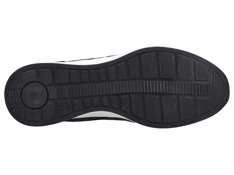 Schwarze Sohle eines Sportschuhs mit gemusterter Oberfläche und Größenangabe.