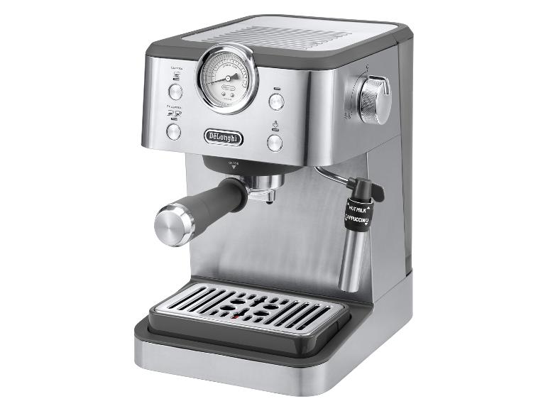 De'Longhi Dedica Style Espressomaschine aus Edelstahl mit Manometer und Milchaufschäumer.