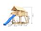 Holzspielplatz mit blauer Rutsche, Schaukeln und Sandkasten, mit detaillierten Maßen.
