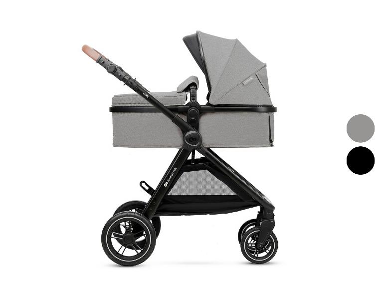 Grauer und schwarzer Kinderwagen mit Babywanne und Sportsitz.